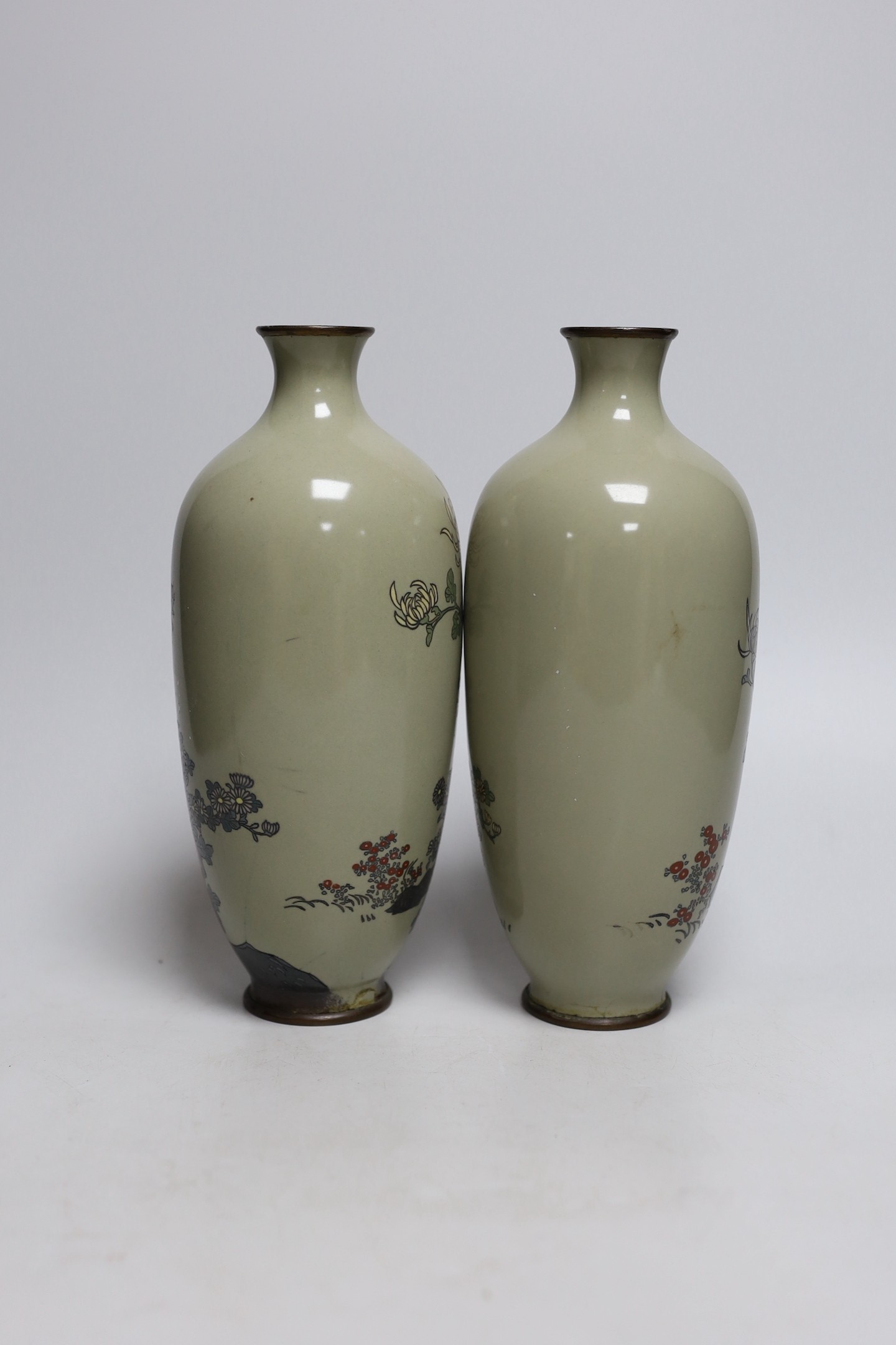 A pair of Japanese silver wire cloisonné enamel vases. 25cm tall